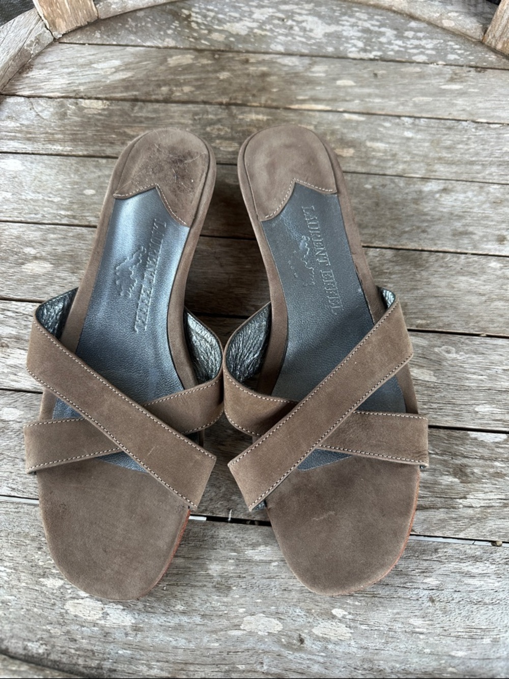 Laurent Effel Women's Taupe Suede Cross-Strap Slide Sandals 39 pics for size